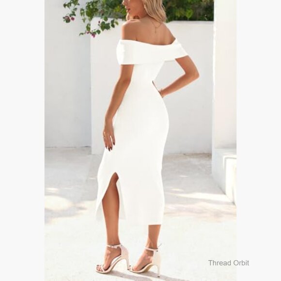 Off Shoulder Bodycon Midi Dress Knit Sweater Formal Cocktail Slim Fit - Picture 3 of 7